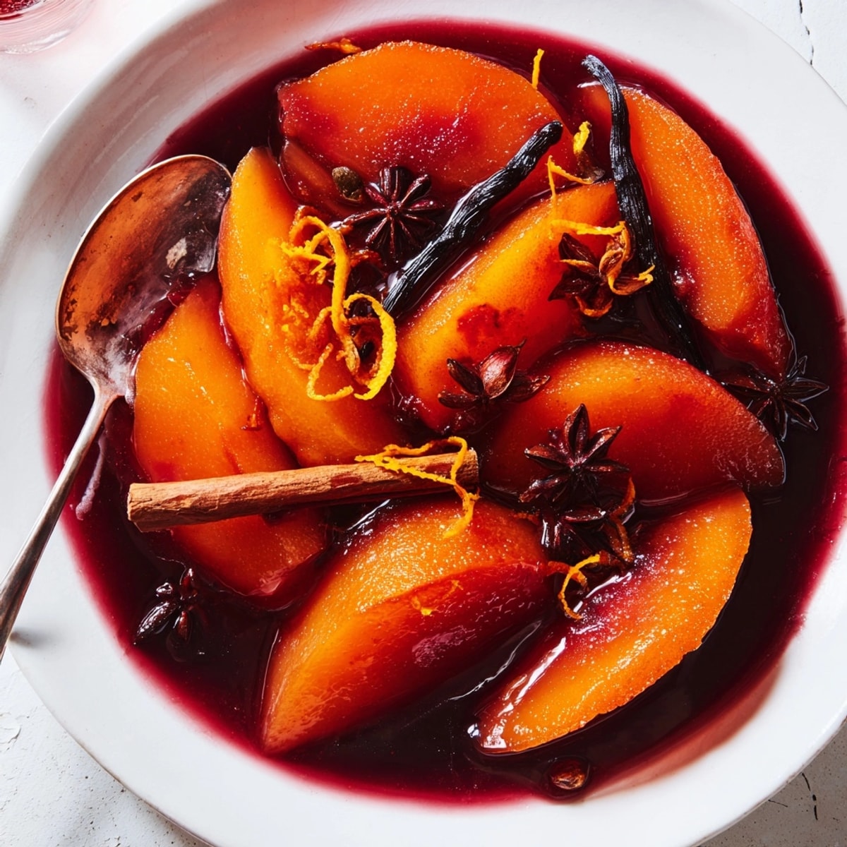Quince pochado en vino tinto, un postre otoñal con fruta tierna y almíbar rico.