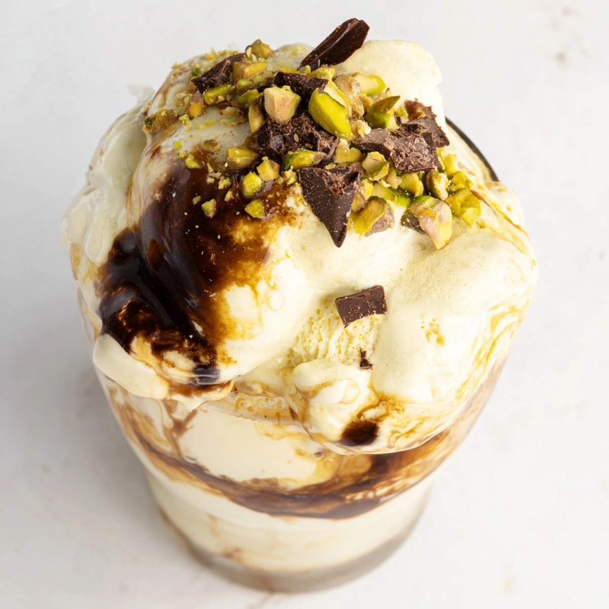 Affogato Pistacho-Latte sobre helado cremoso de coco, un postre italiano deliciosamente decadente.