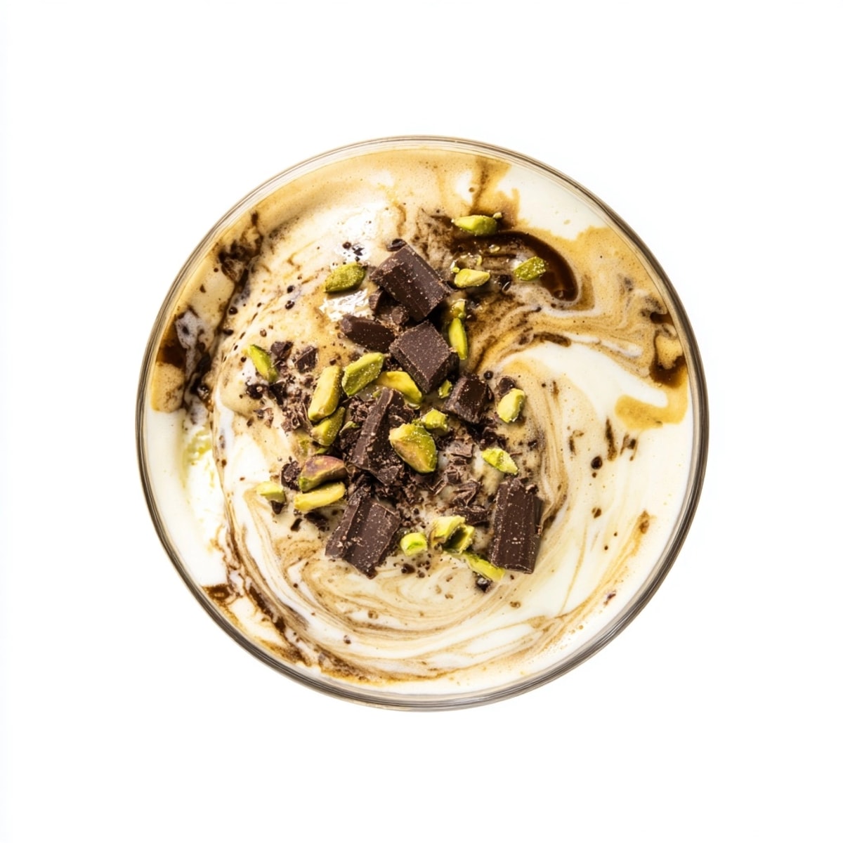 Servir ahora: Taza de Affogato Pistacho-Latte con coco y un chorrito de espresso.