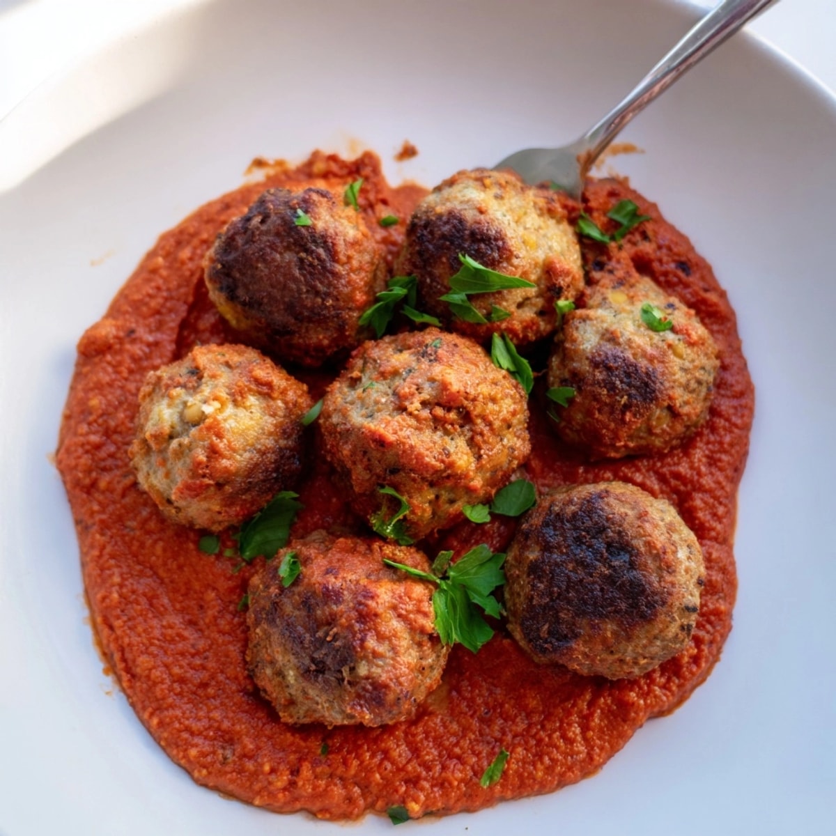 Albóndigas vegetarianas de garbanzos y zanahoria en salsa romesco, plato mediterráneo colorido y apetitoso.