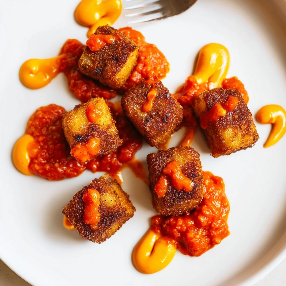 Patatas bravas crujientes con mayonesa de wasabi y lima, un aperitivo español moderno y picante.