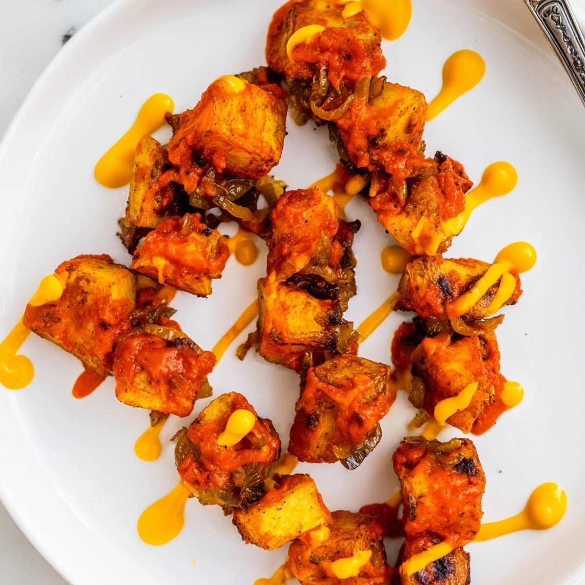 Plato de patatas bravas con mayonesa de wasabi y lima; tapa española con un toque inesperado.