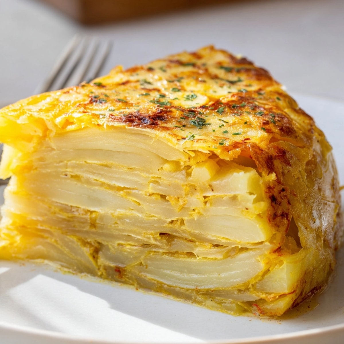 Deliciosa tortilla española vegana con cebolla caramelizada, lista para cortar y servir como tapa.
