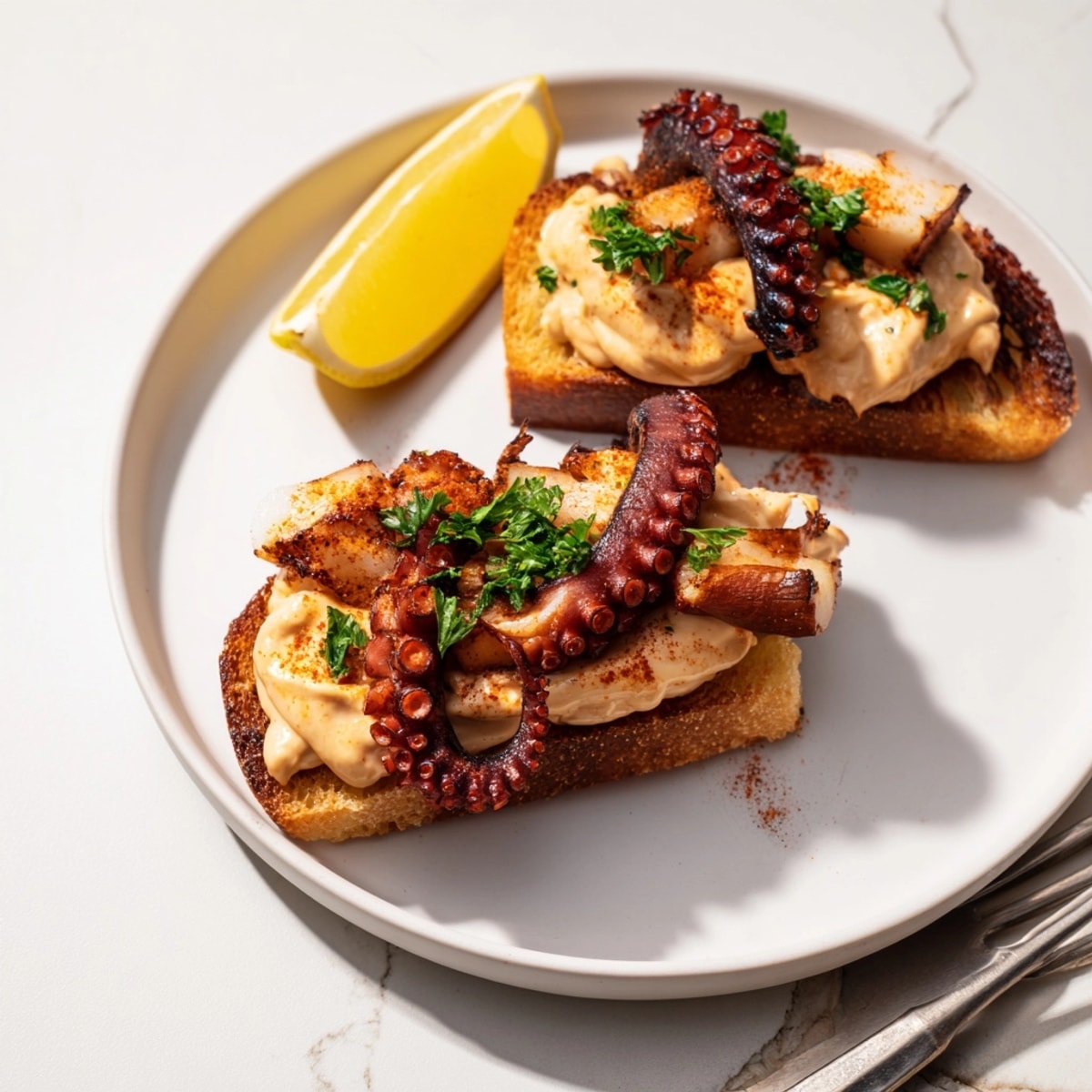 Un bocado de pulpo a la parrilla, "Pintxos de Pulpo a la Parrilla", con cremosa salsa alioli española.