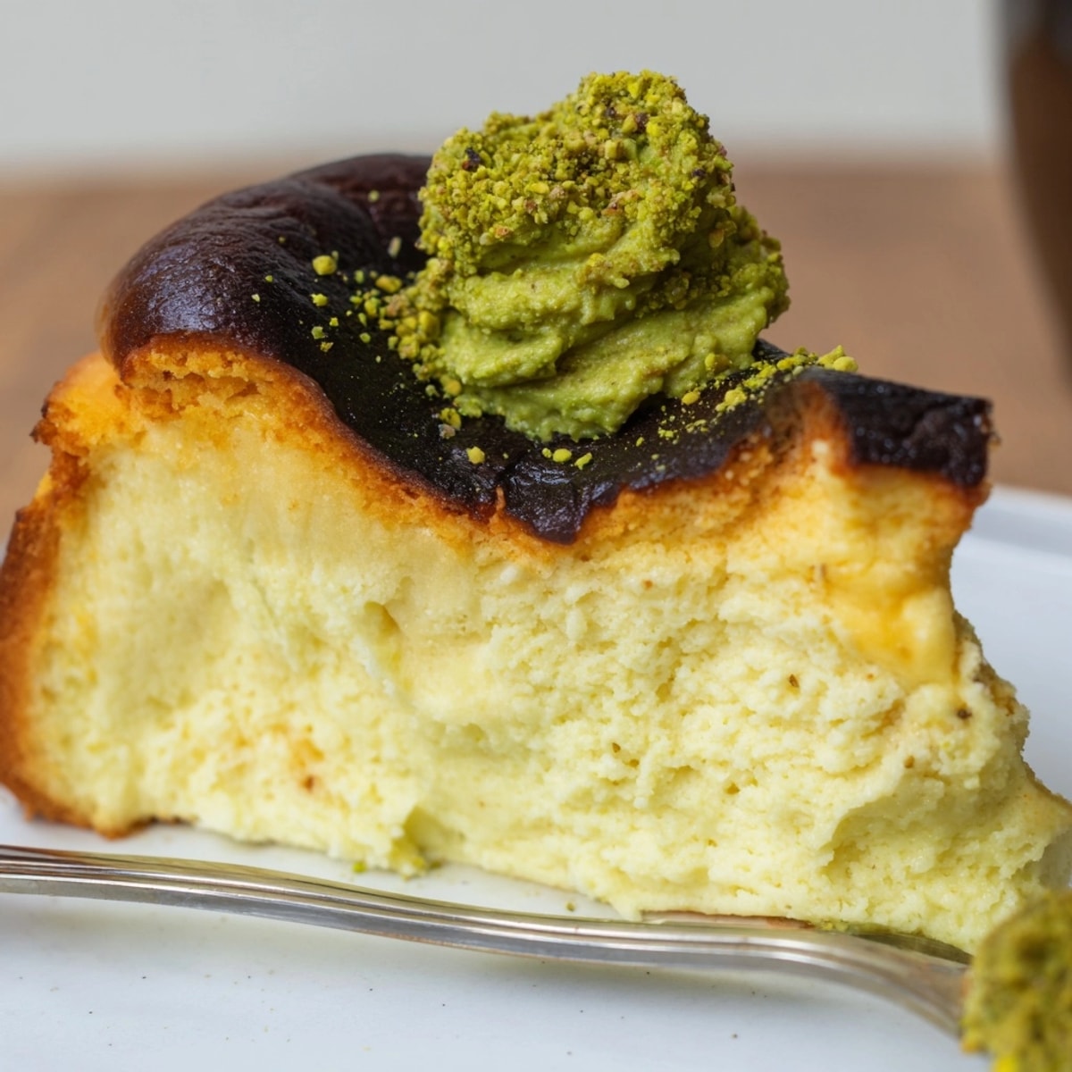 Basque Burnt Cheesecake con Crema de Pistacho: postre rústico y decadente para compartir.