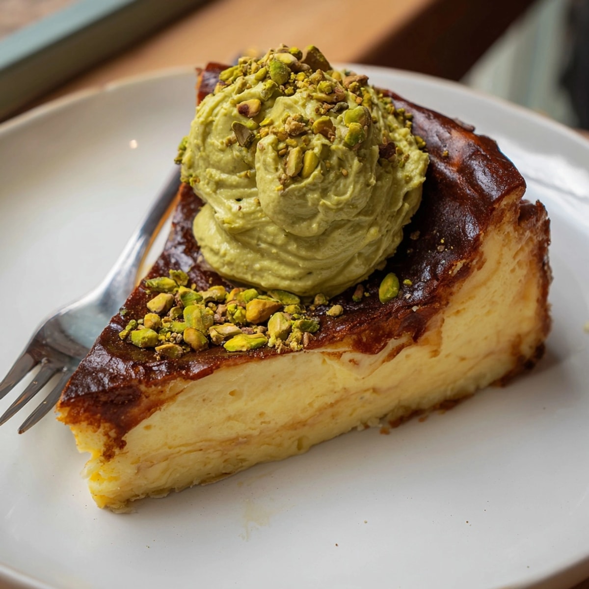 Perfecto Basque Burnt Cheesecake caramelizado con crema de pistacho, una delicia irresistible.