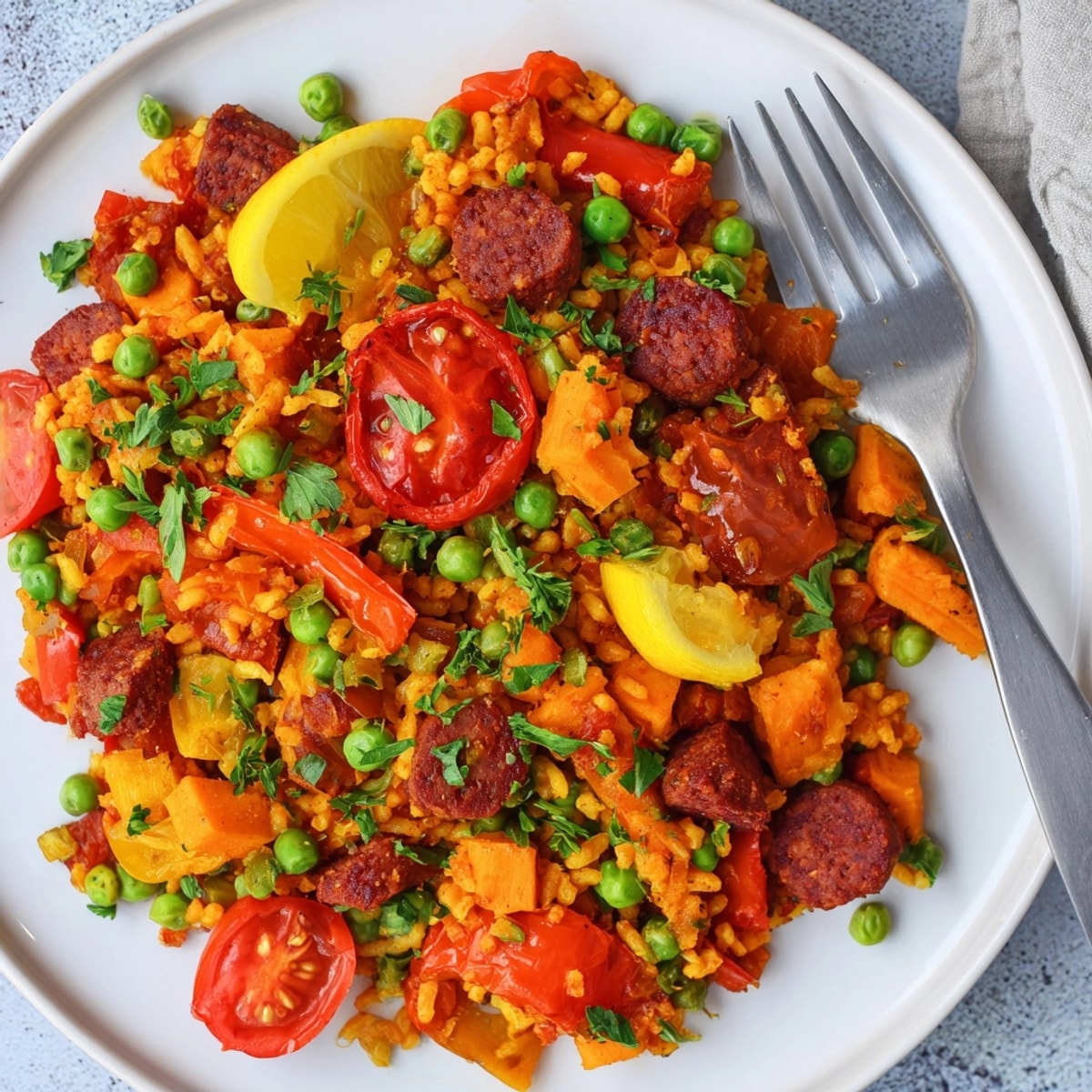 Paella vegana de chorizo y boniato español: arroz dorado, pimiento dulce, perejil fresco.