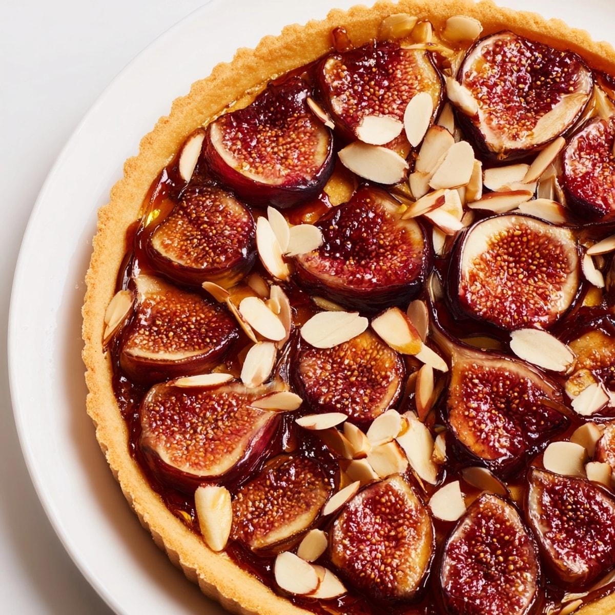 Deliciosos higos asados y almendras caramelizadas, perfecto sabor en cada bocado de tarta.