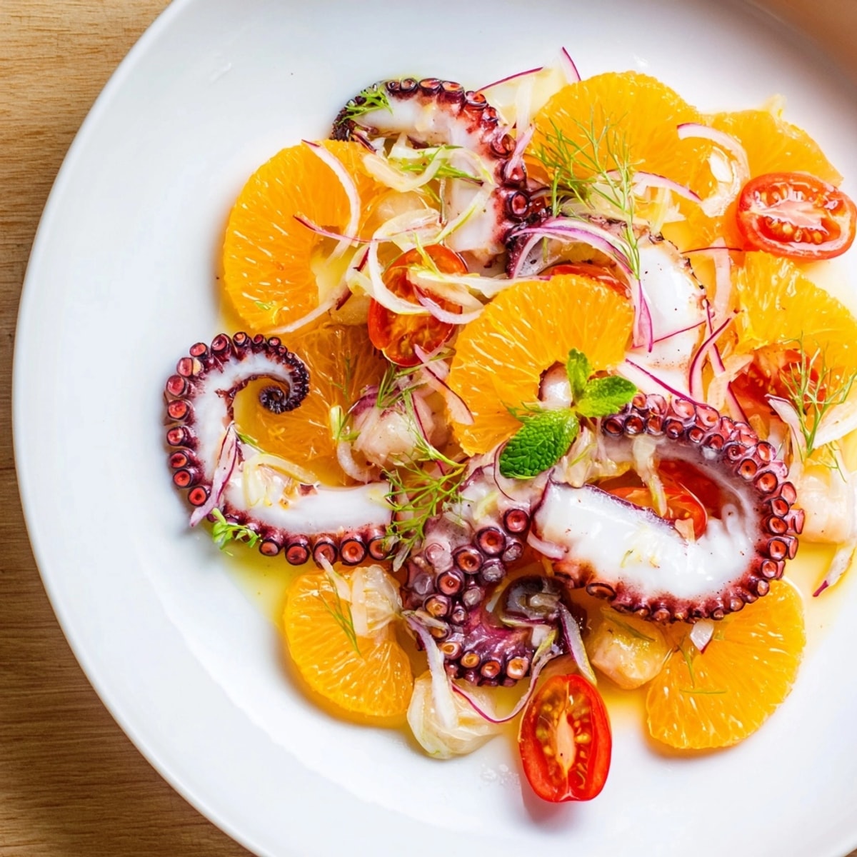 Primer plano de una refrescante ensalada mediterránea de pulpo y naranja con hierbas frescas.