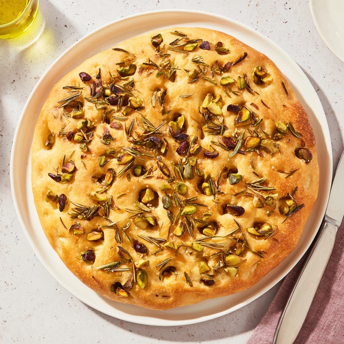 Pan focaccia brillante con aceitunas y pistachos crujientes; una delicia mediterránea aromática