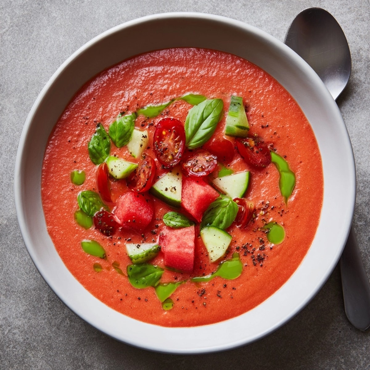Refrescante sopa fría de tomate y sandía con aceite fragante de albahaca.
