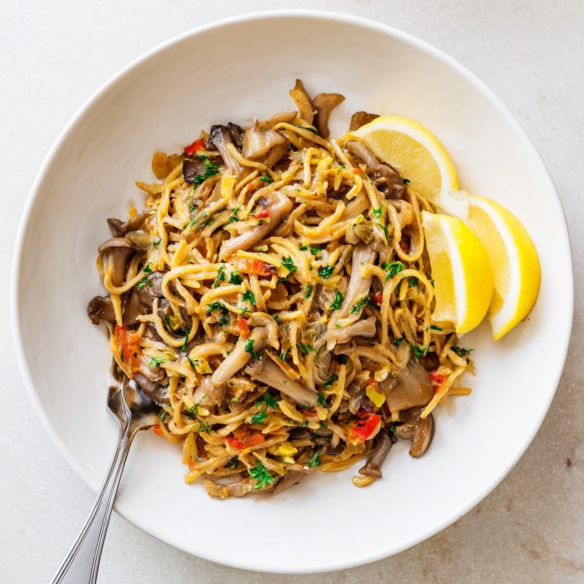 Cremosa y reconfortante Slow-Cooked Mushroom Fideuà, pasta dorada en caldo vegetal, lista para disfrutar.