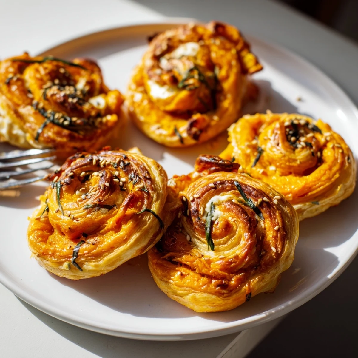 Golden miso pumpkin empanada twists served warm, perfect for festive gatherings.  