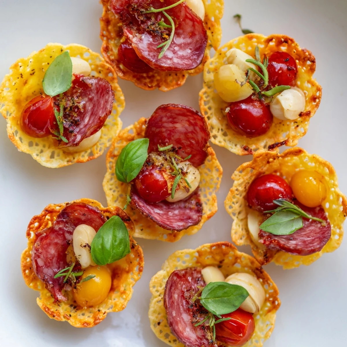 Delicious Manchego cracker charcuterie cups loaded with meats and colorful fruits.  