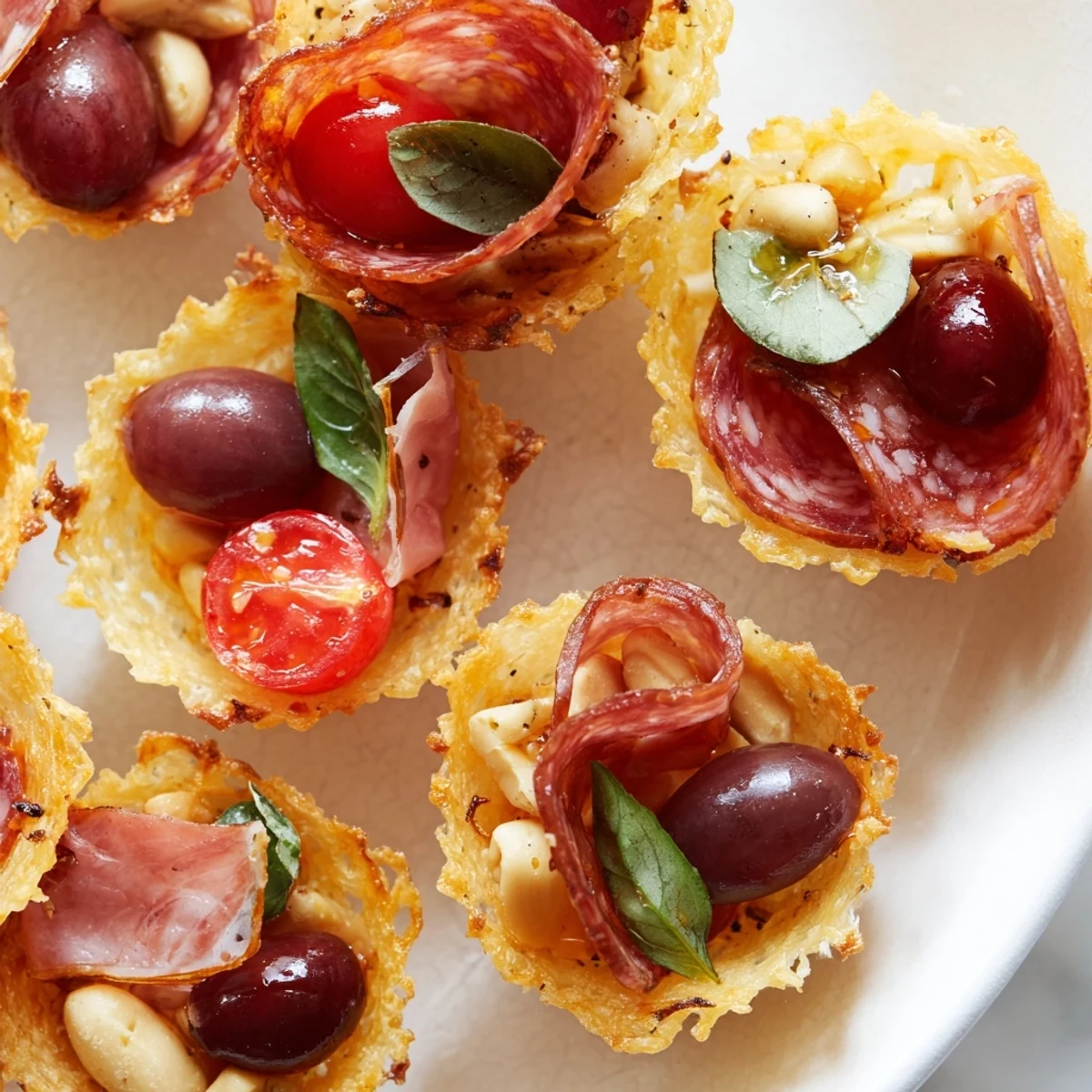 Bite-sized Manchego cracker cups, filled with rich meats and vibrant garnishes.