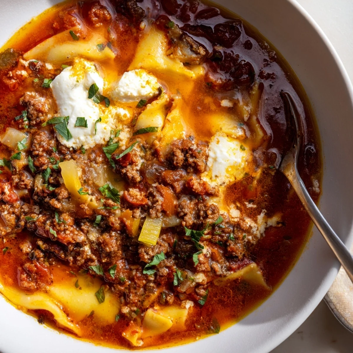 Hearty Chorizo Lasagne Soup topped with creamy cheese and fresh herbs.  