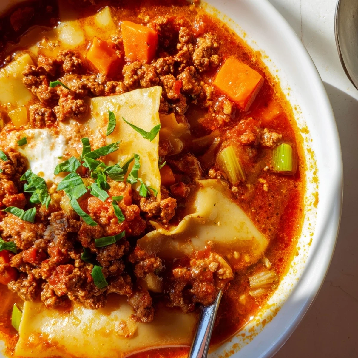Bowl of Chorizo Lasagne Soup garnished with parsley and drizzled sherry for flavor.  