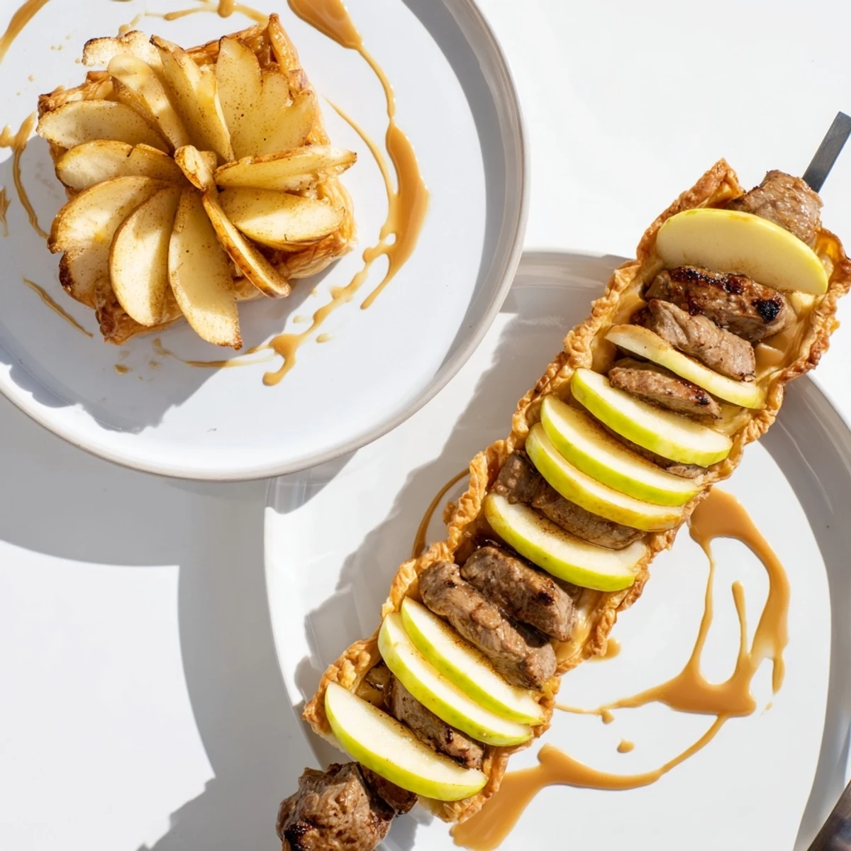 Buttery caramel apple tartlets drizzled with warm caramel sauce, perfect appetizer pairing.  