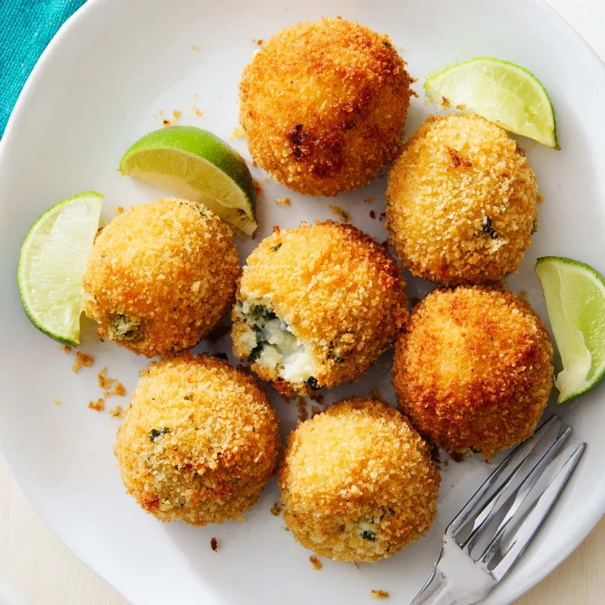 Crispy Pickle Margarita Croquetas served with lime wedges for zesty flavor.  
