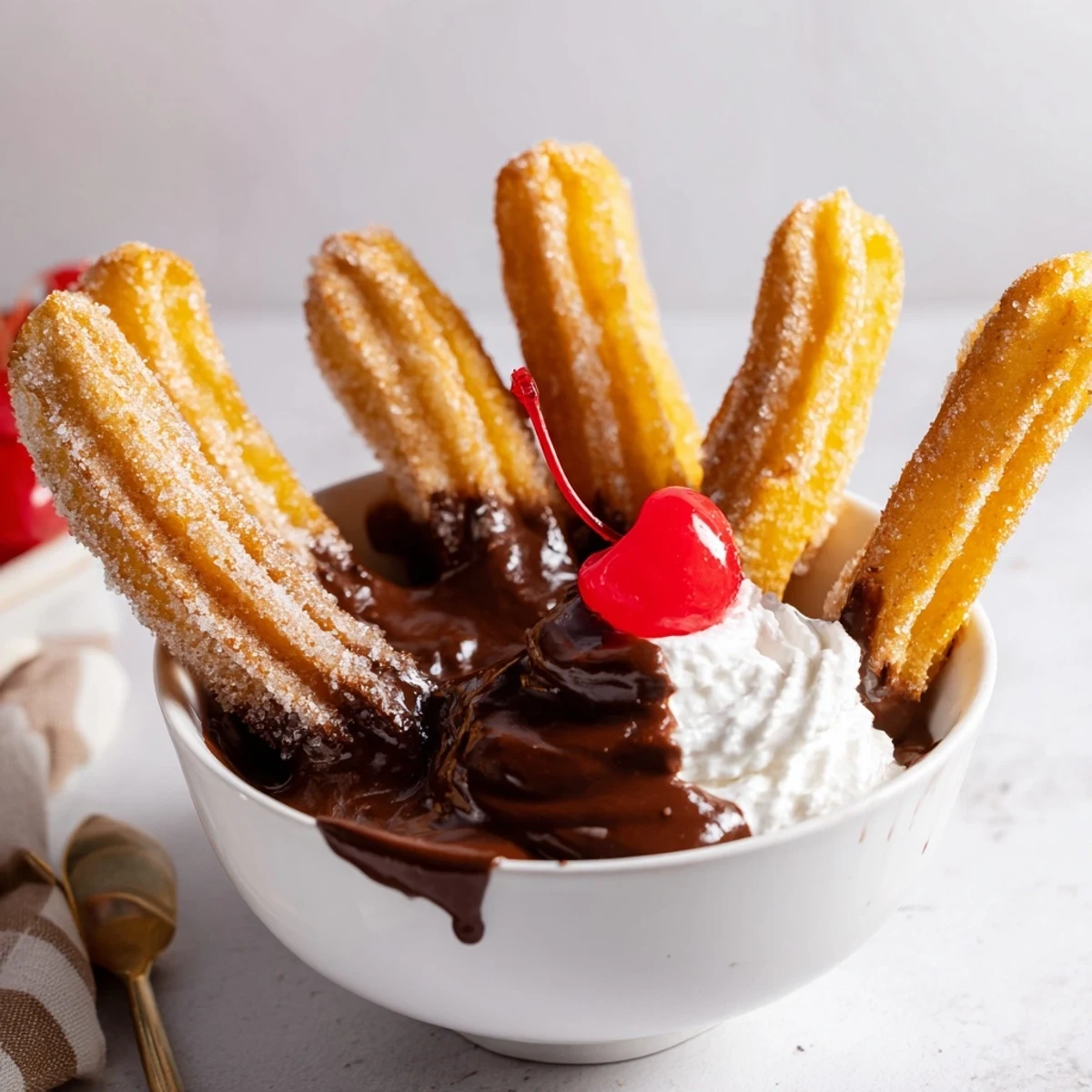Decadent churro ice cream float topped with whipped cream and cherry.  