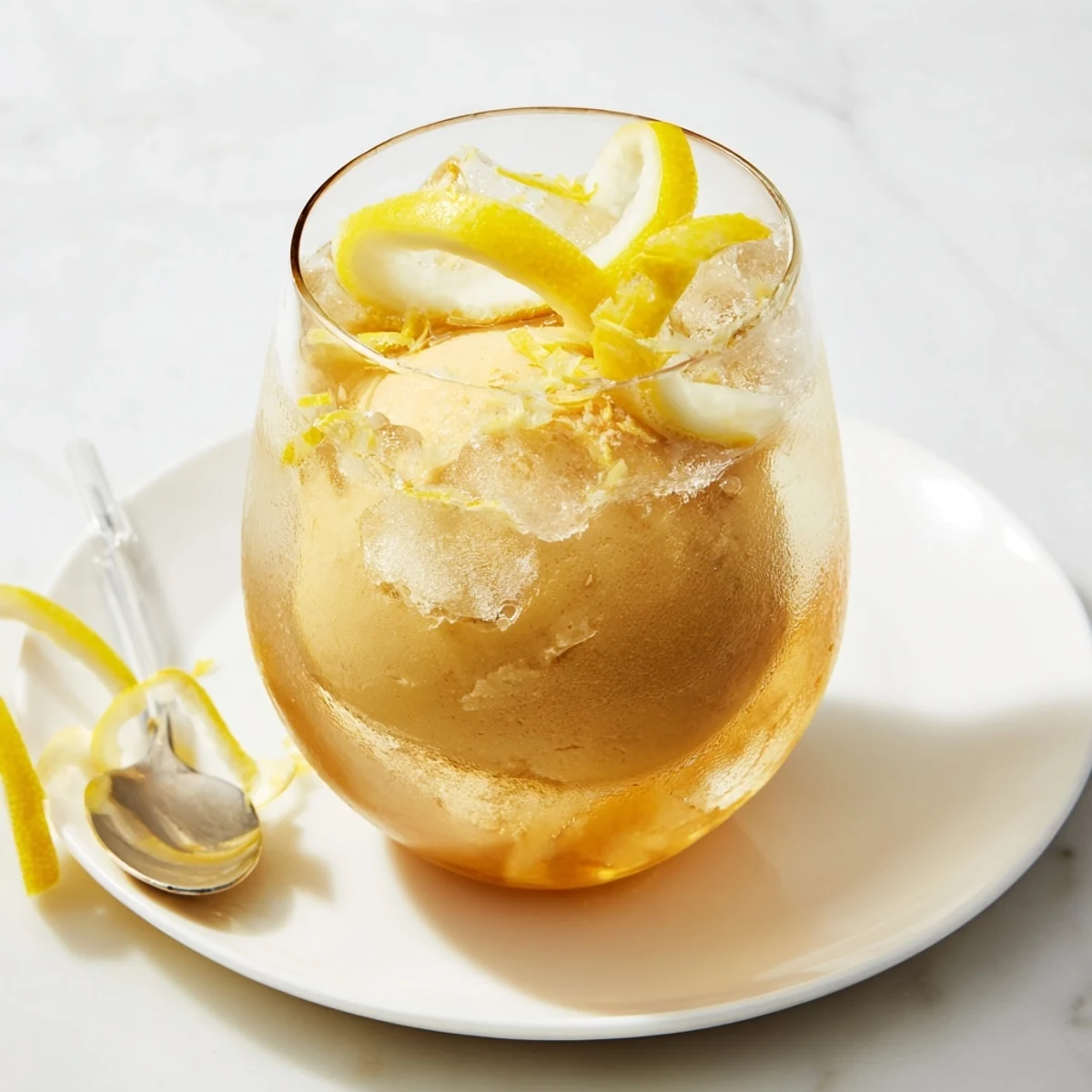 Creamy Sparkling Lemon Flan Rebel Float topped with zesty lemon slices and ice.  