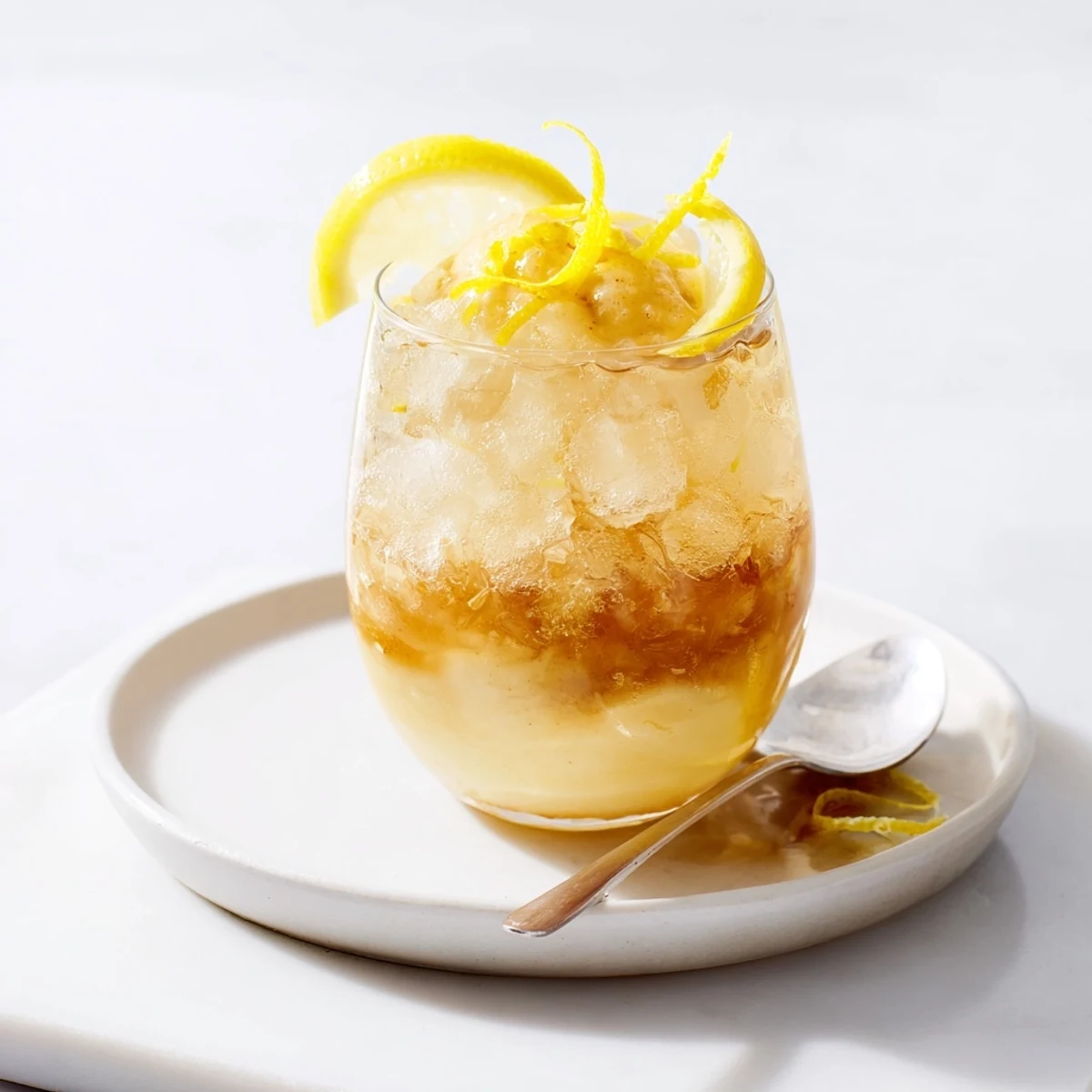 Elevated Sparkling Lemon Flan Rebel Float with caramel base and vibrant lemon zest.