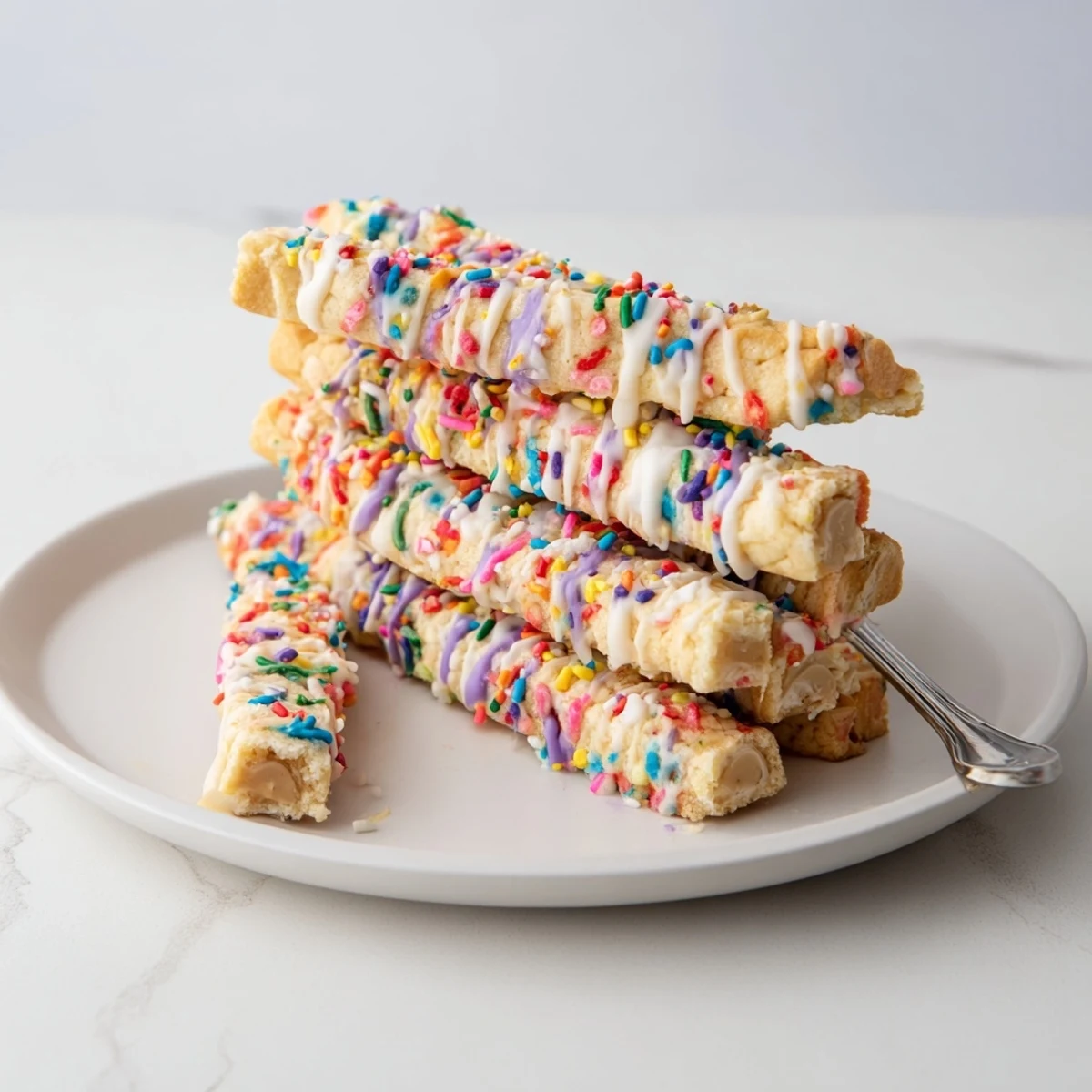 Buttery Funfetti Turrón cookie sticks adorned with colorful sprinkles and nougat filling.  