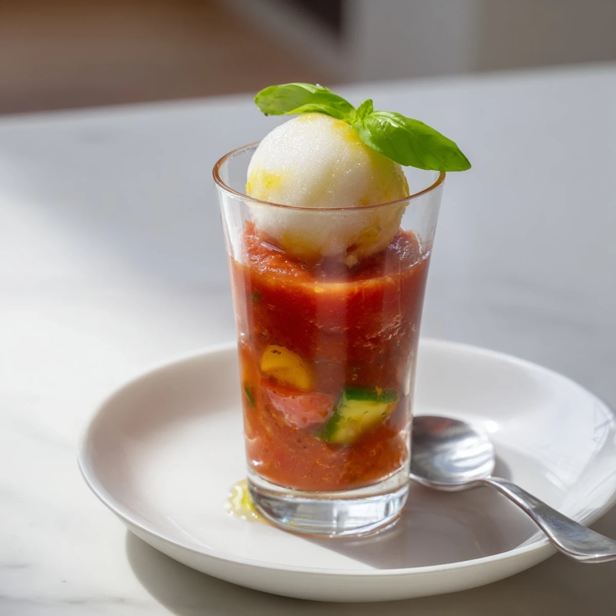 Refreshing Soda Float Gazpacho Shooters topped with lemon sorbet and basil garnish.  