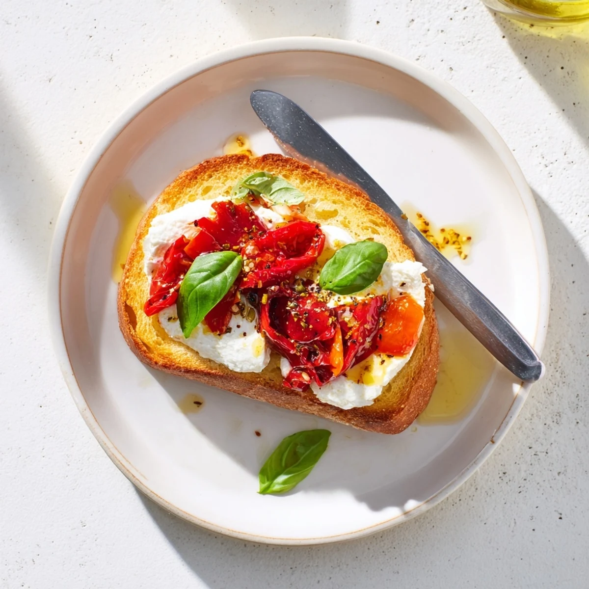 Deliciously creamy goat cheese spread on warm bread with tangy pickled peppers.  