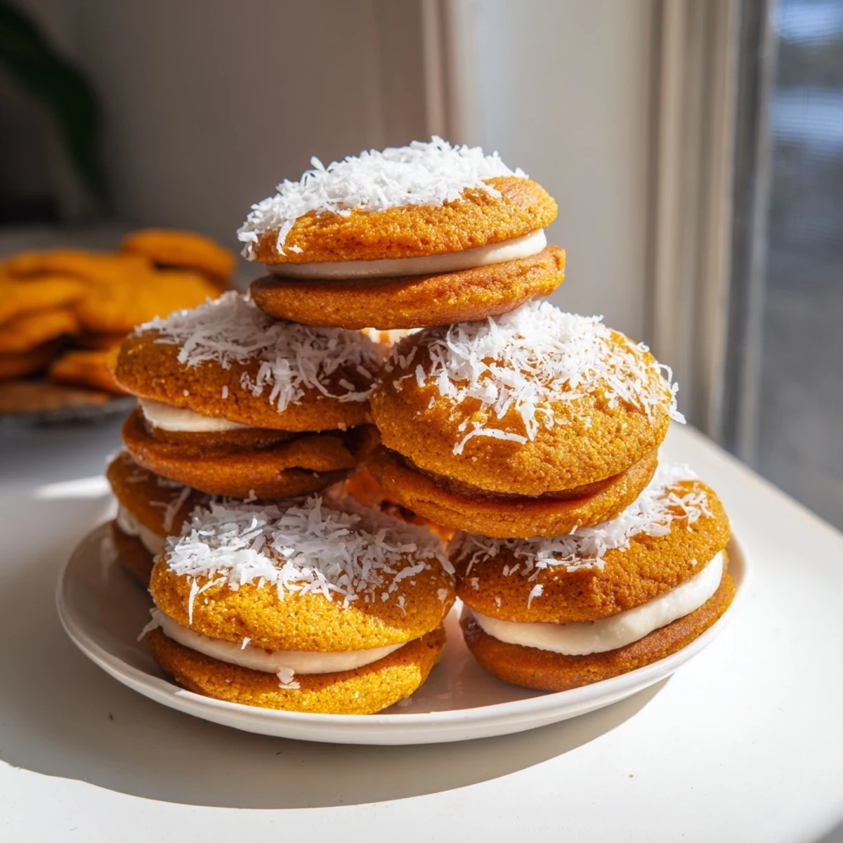Soft pumpkin muffin alfajores filled with creamy dulce de leche, tempting and delicious.  
