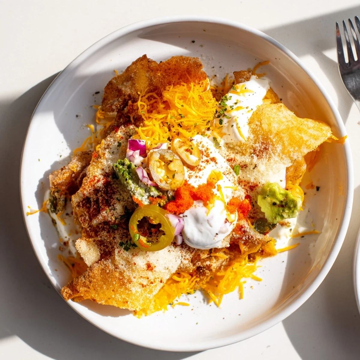 Fusión divertida de nachos con churros, pimientos encurtidos y crema agria refrescante.