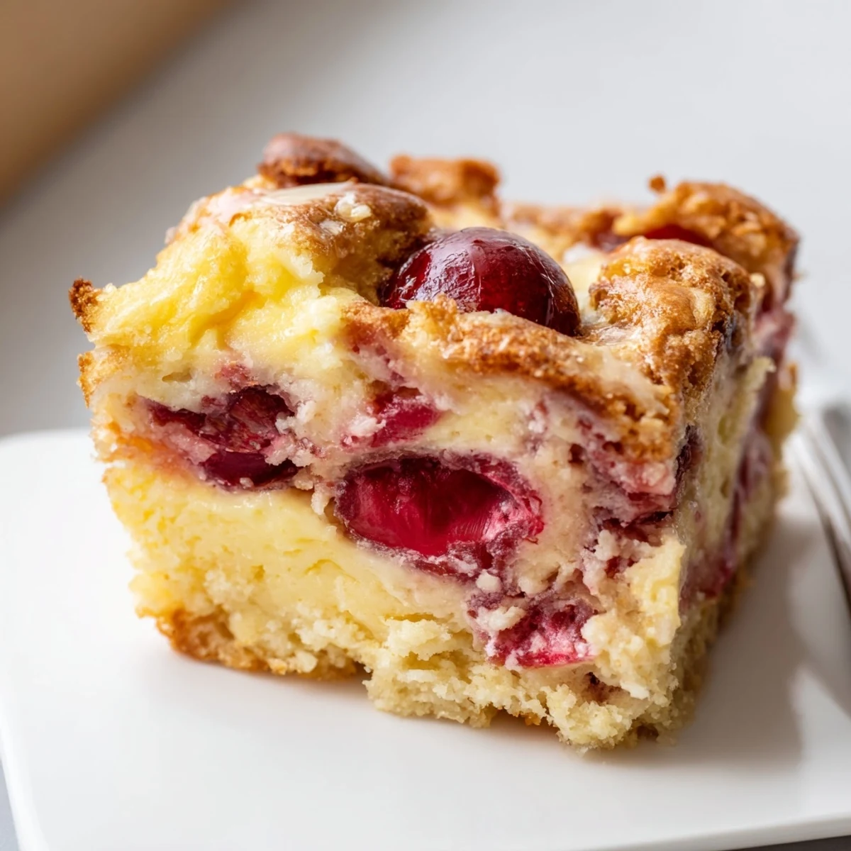 Blondies de quesada y cereza, suaves y húmedos, perfectos para un postre.  