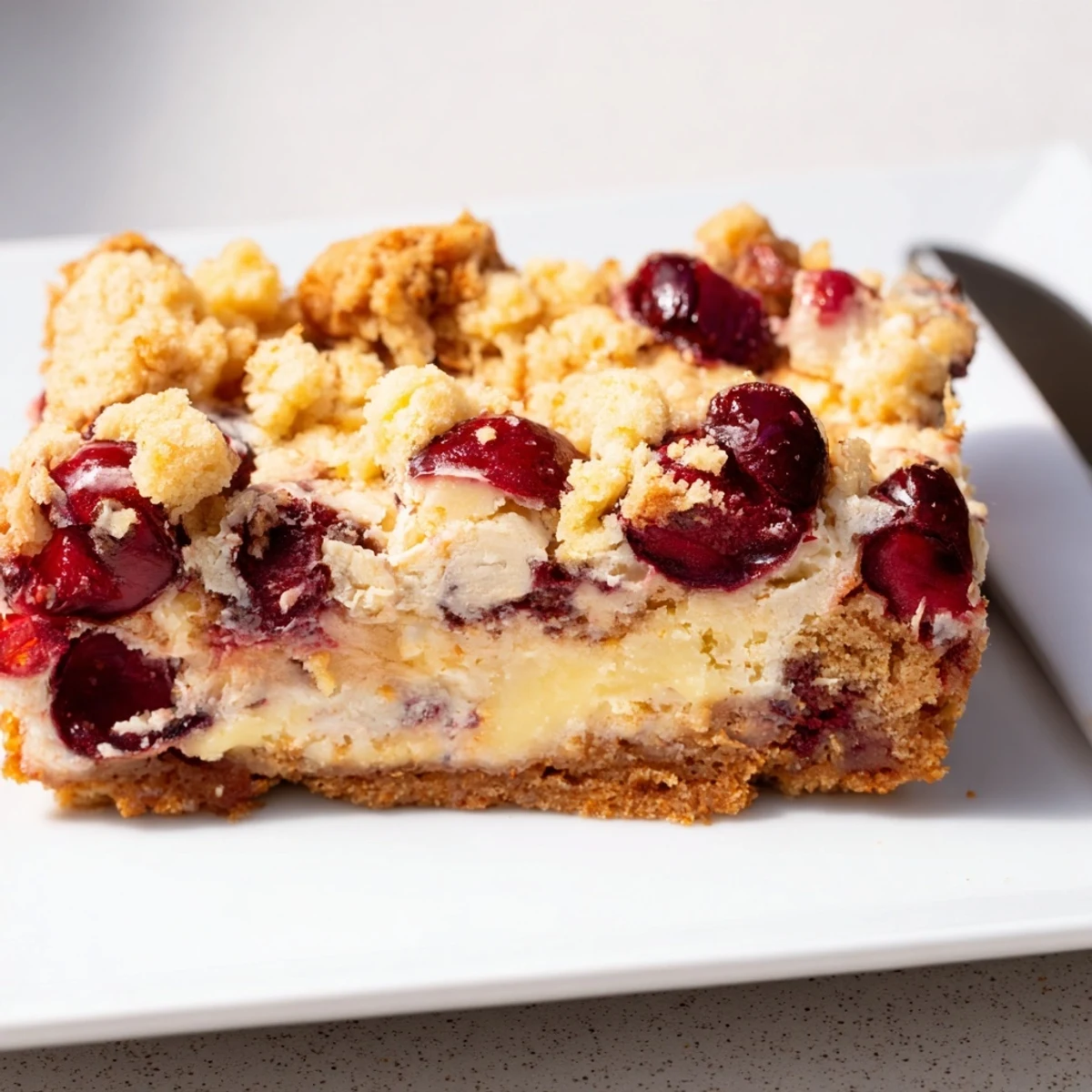 Sabor cremoso y afrutado en cada bocado de estos blondies de quesada y cereza.
