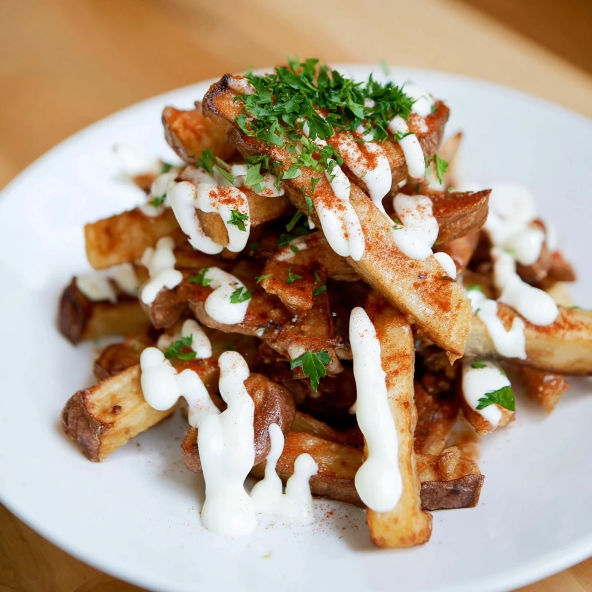 Fries crujientes cubiertas con salsa bravas ahumada y picante para una receta deliciosa.