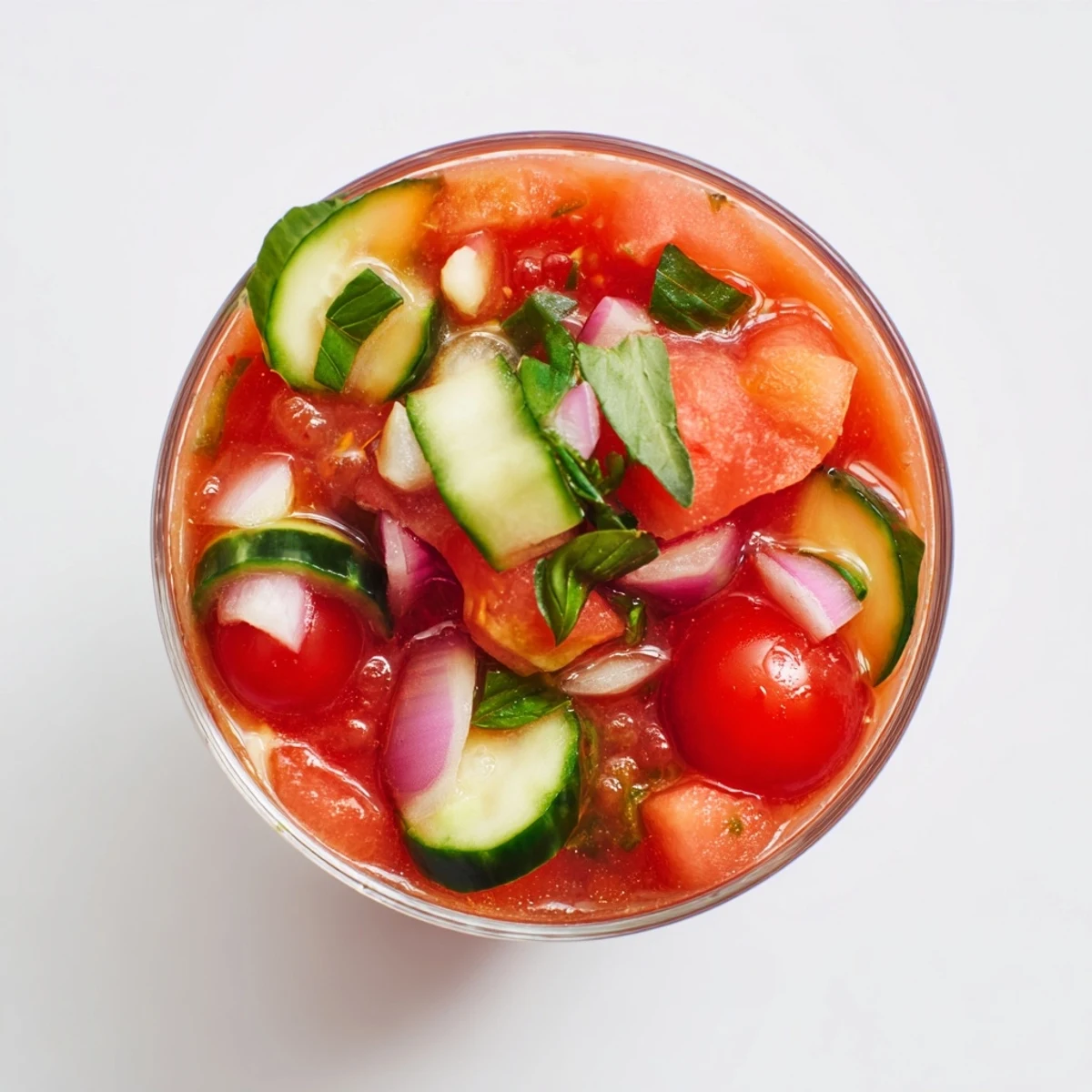 Refrescante gazpacho de tomate y sandía, servido en coloridas copas veraniegas.  