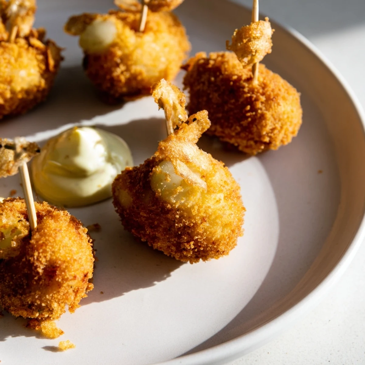 Crocantes y doradas croquetas de papa con alioli de pepinillos, perfectas para compartir.  