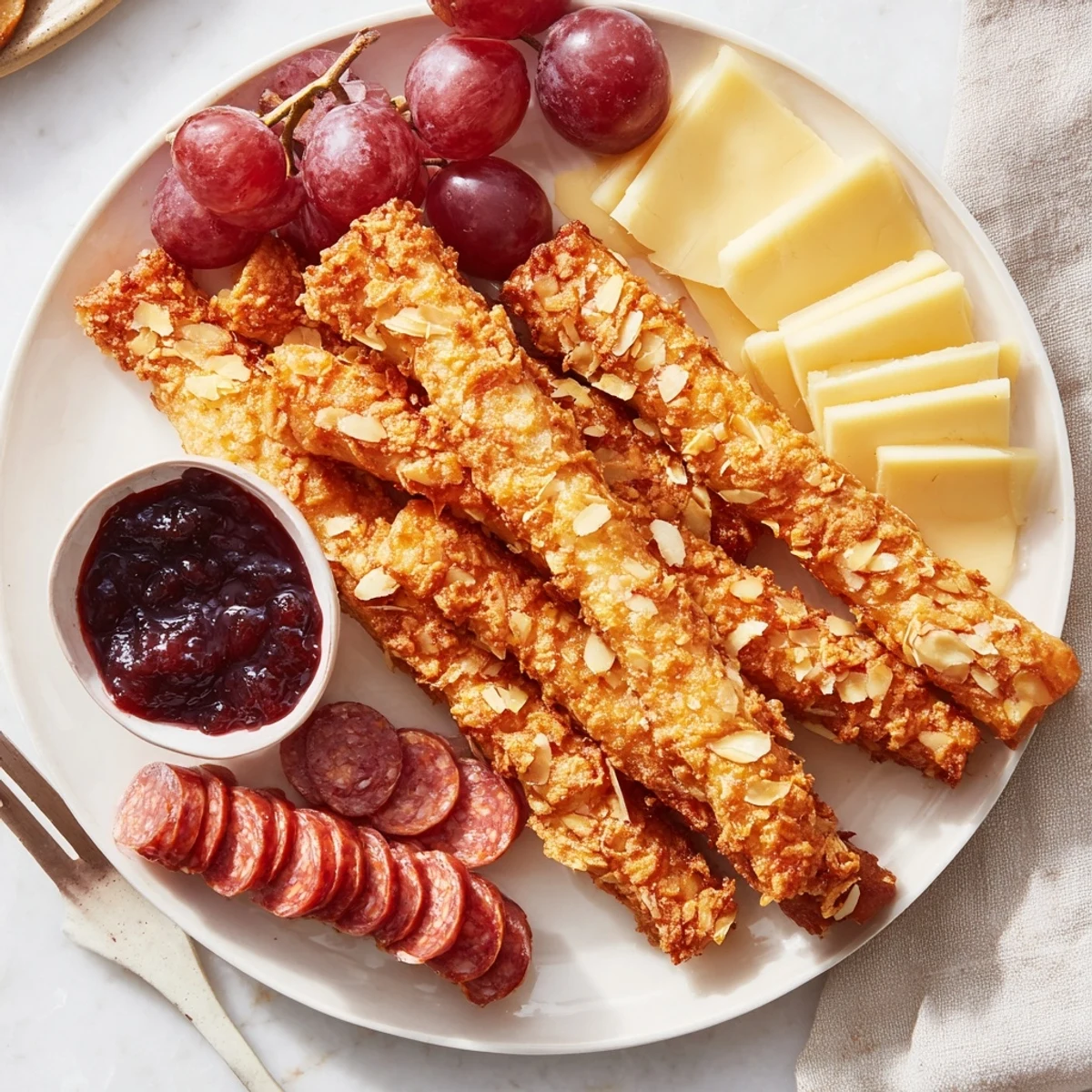 Trozos de brioche crujientes y almendras, receta de dippers de torrija de almendras.  