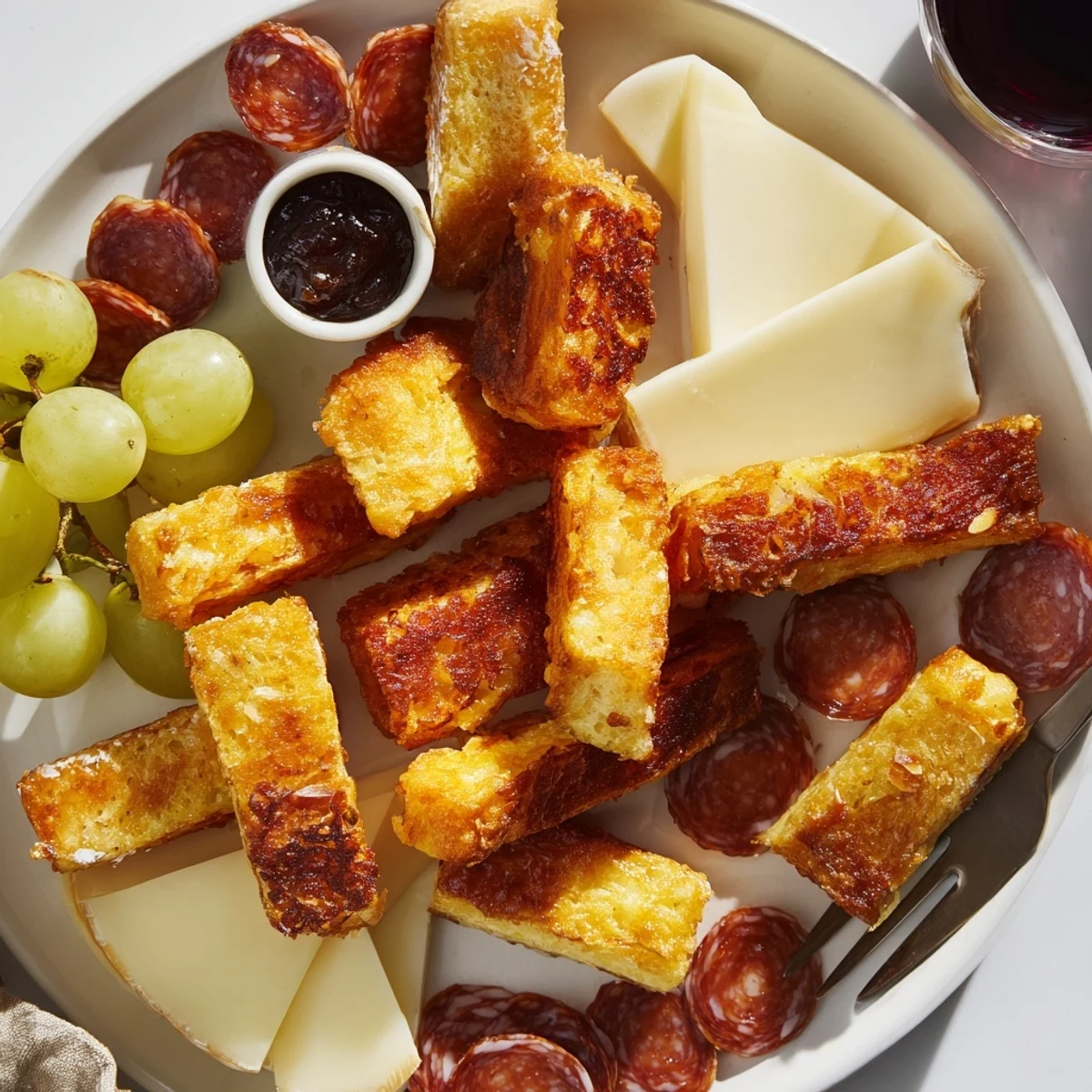 Plato vibrante de dippers de torrija de almendras con chorizo y miel.