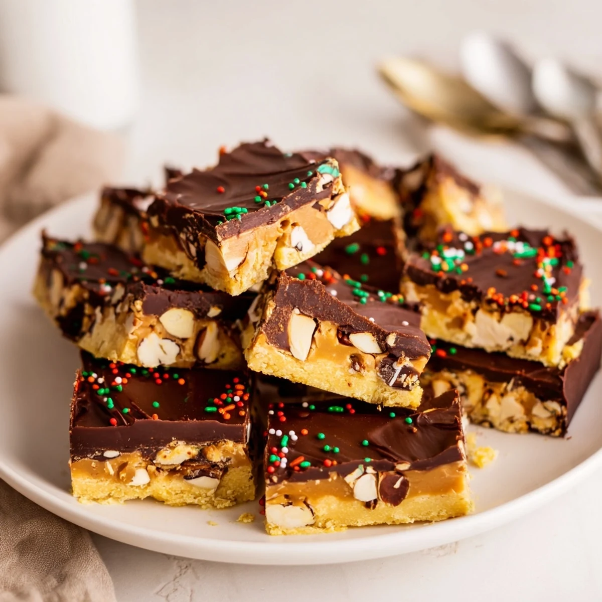 Deliciosas barras tipo turrón, con capas de chocolate y nueces festivas.