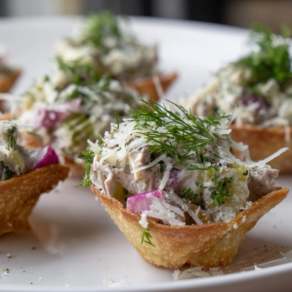 Scoop de tortilla crujiente relleno de arte y encurtido en un plato vibrante.