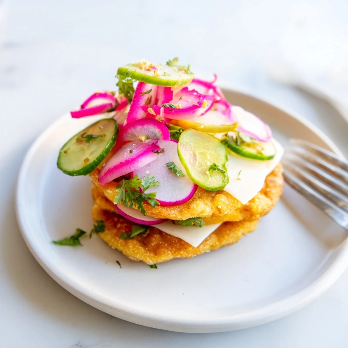 Rodajas de arepas crujientes con queso Manchego y vegetales en vinagre para un bocado sabroso.