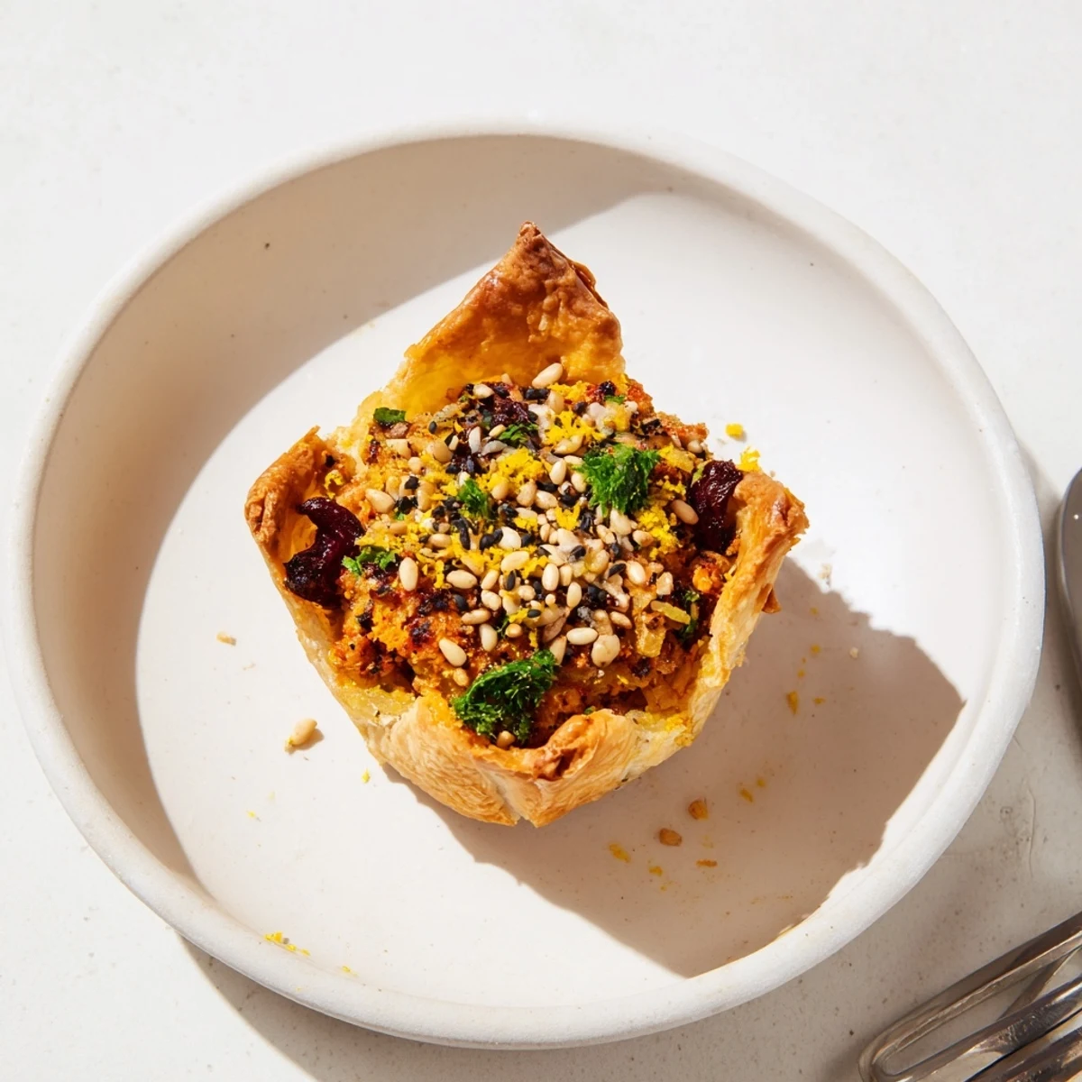 Deliciosas tartas de muffin con relleno de aceitunas y queso feta cremoso.