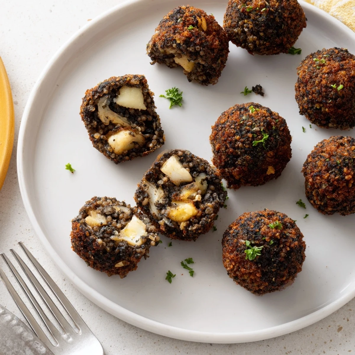 Bolas de risotto negro, crujientes y cremosas, perfectas para compartir.  