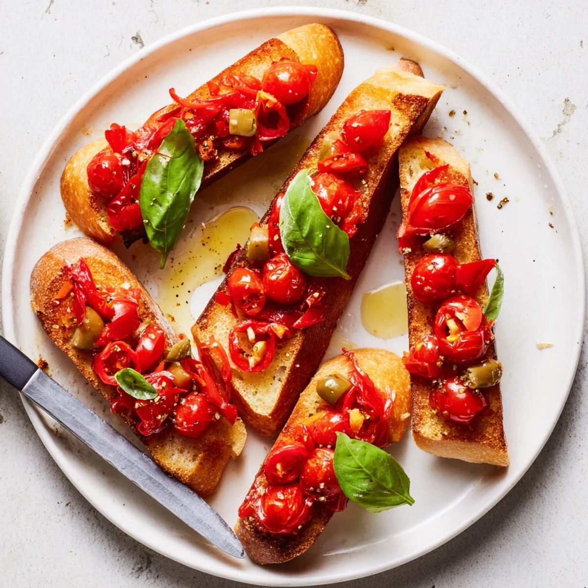Rodajas de pan tostado cubiertas con tomate encurtido y un toque picante.