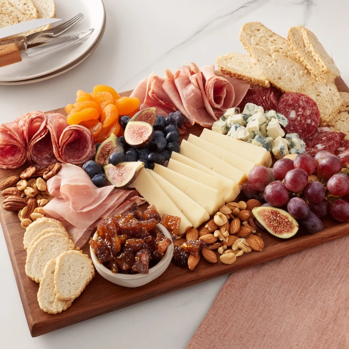 Mezcla colorida de quesos, carnes y un fudge de soda de higo, ideal para fiestas.  
