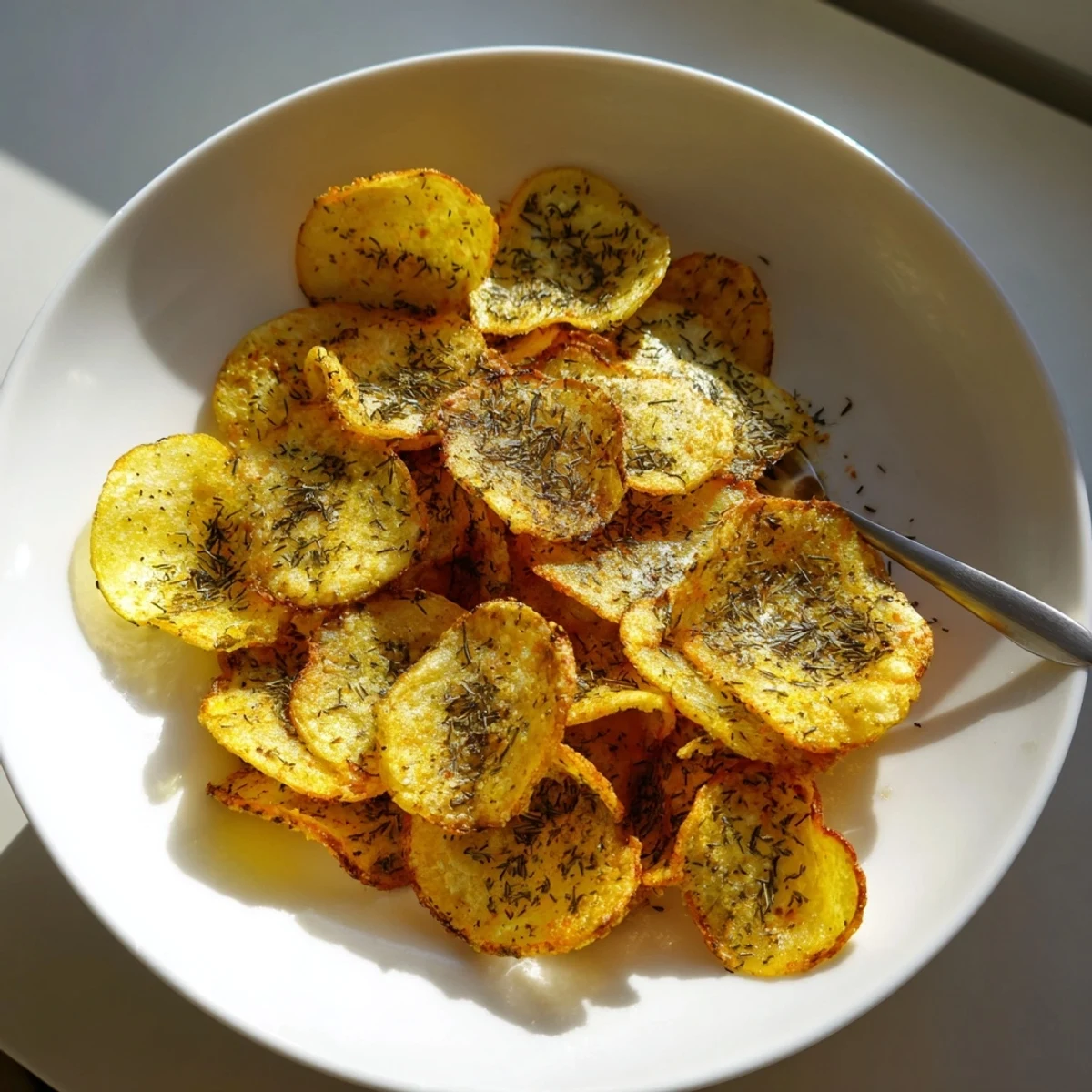 Chips de patatas crujientes con aliño de pepinillo y salsa bravas picante.