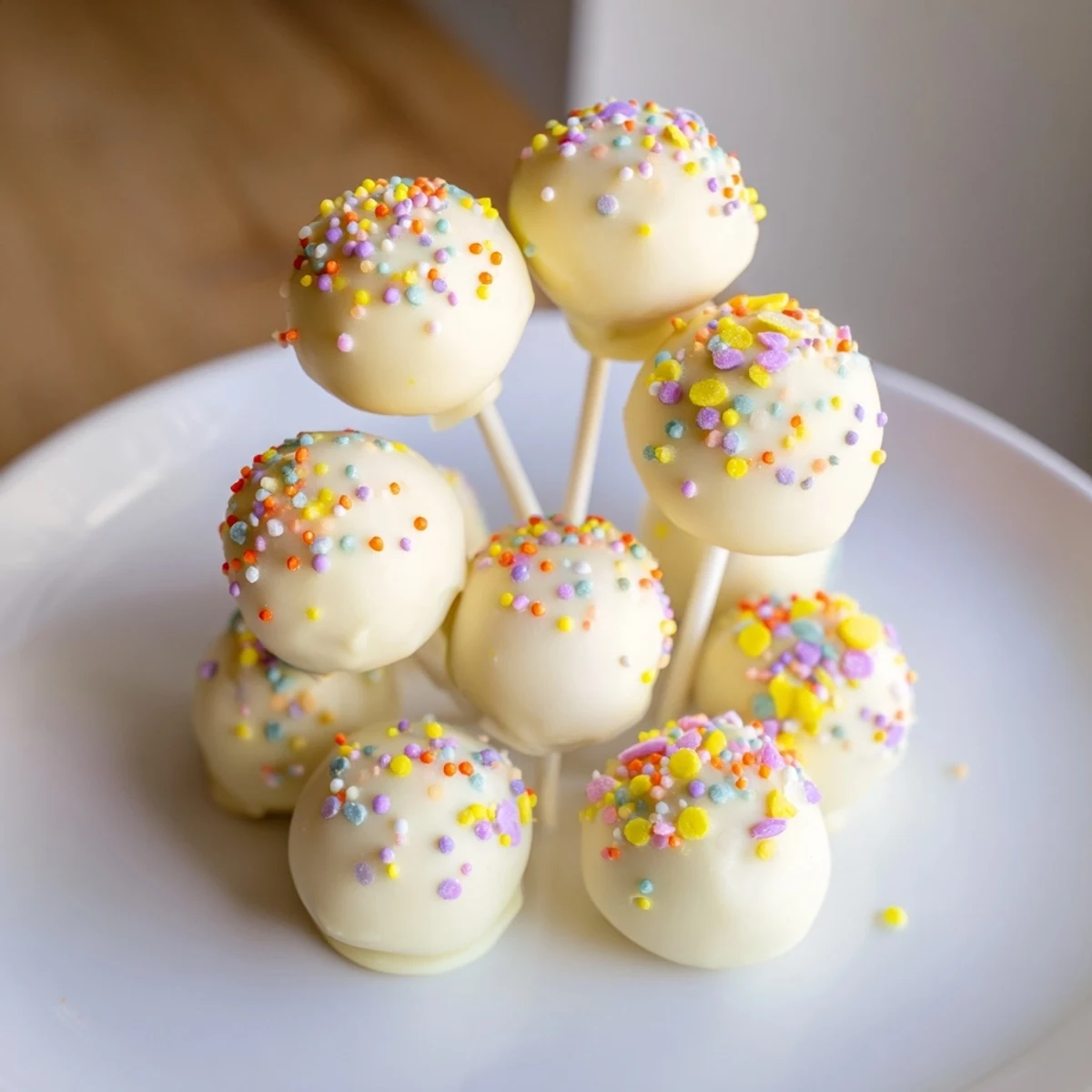 Pops de panellets de crema soda decorados con chocolate blanco y chispas coloridas.