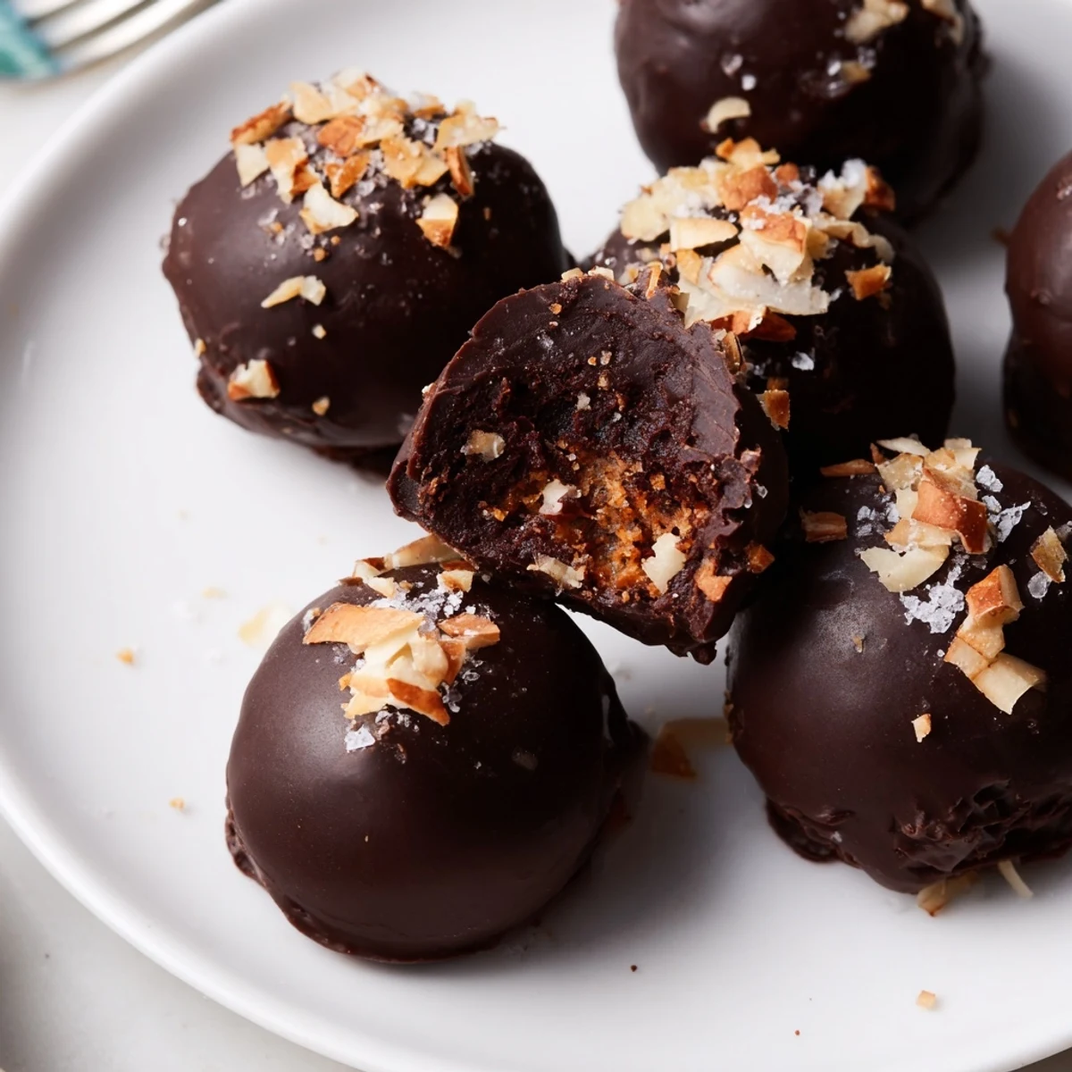 Trufas de pastel de sobrasada surrealistas, cubiertas de chocolate derretido y sal marina.  
