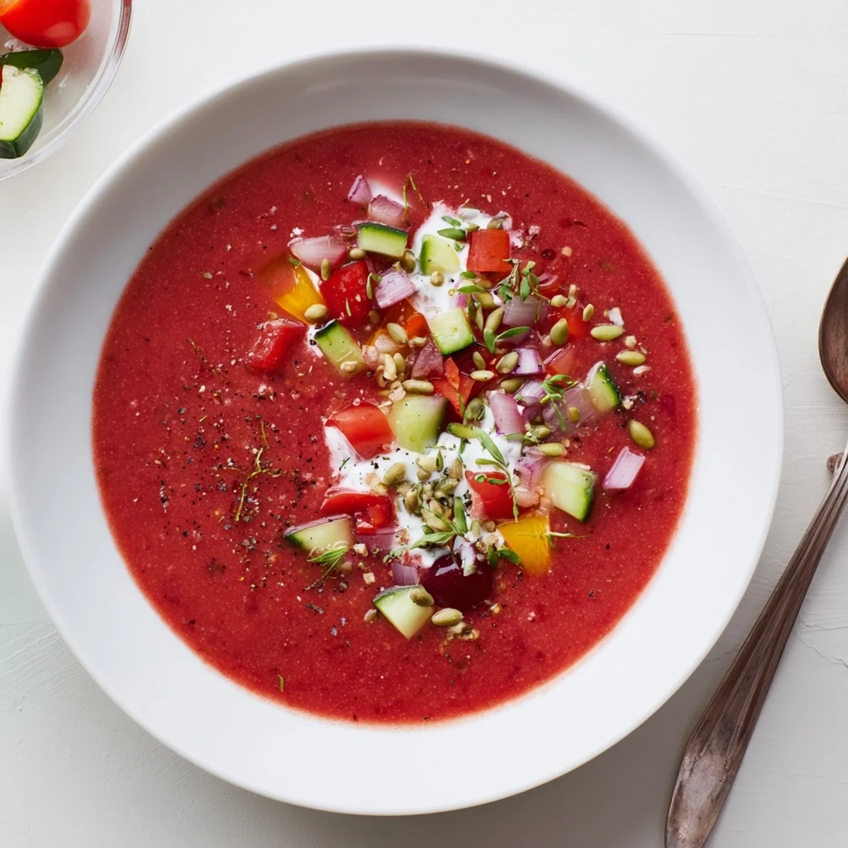 Gazpacho Festivo en un tazón colorido, perfecto para días de verano calurosos.  