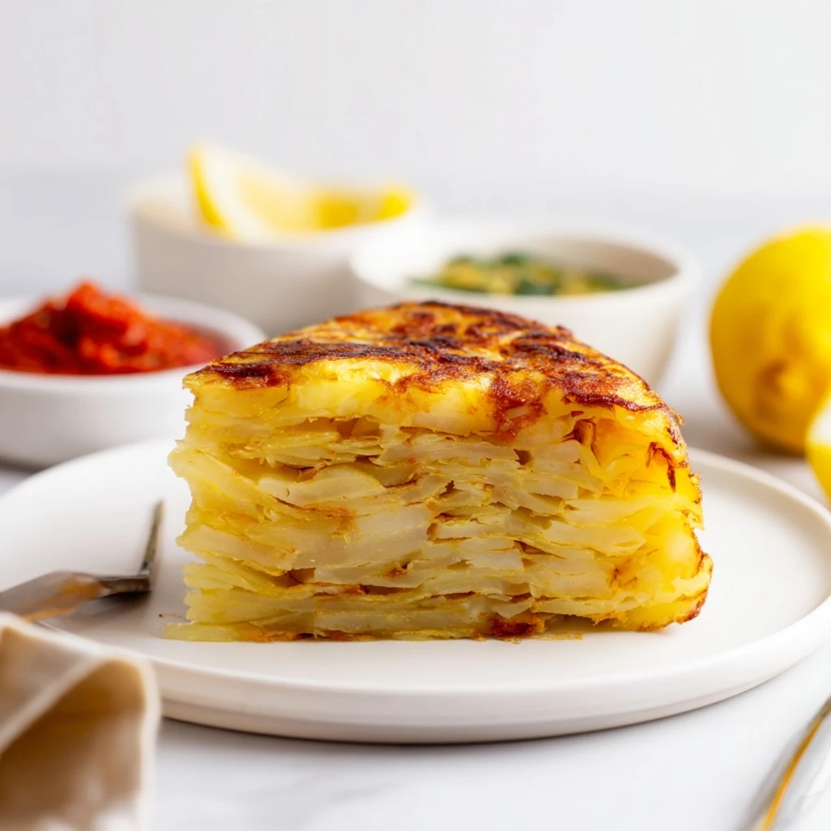 Tortilla española esponjosa acompañada de salsas vibrantes y limón para un aperitivo.